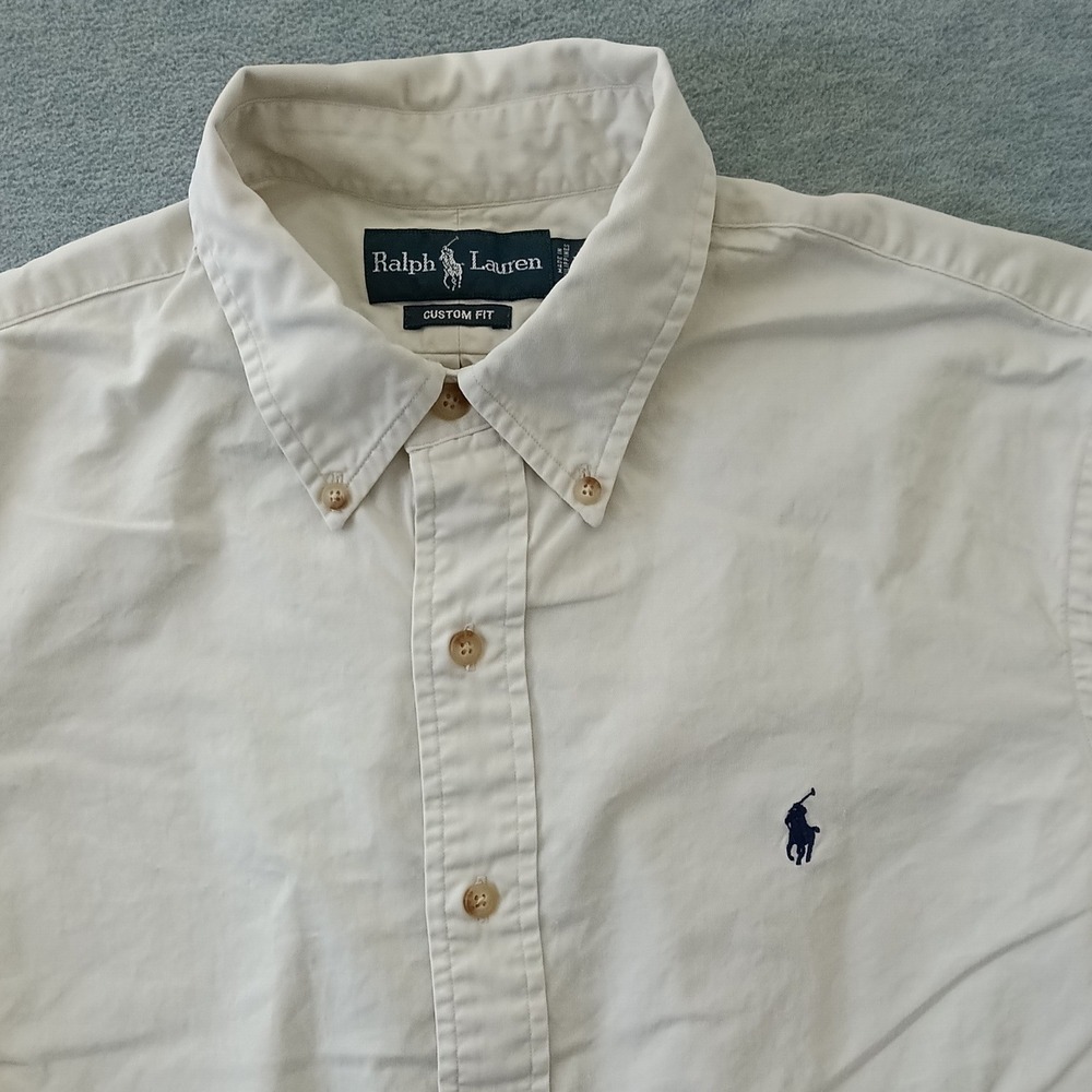 Ralph Lauren Mens Large Custom Fit Button Down Shirt Cream Twill Navy Pony Logo